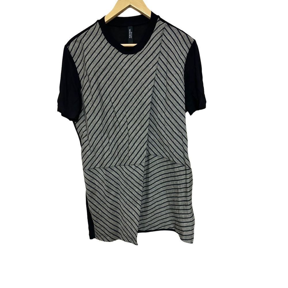 Tom Rebl Women's Diagonal Black White Stripes Short Sleeve Tunic Top Size S